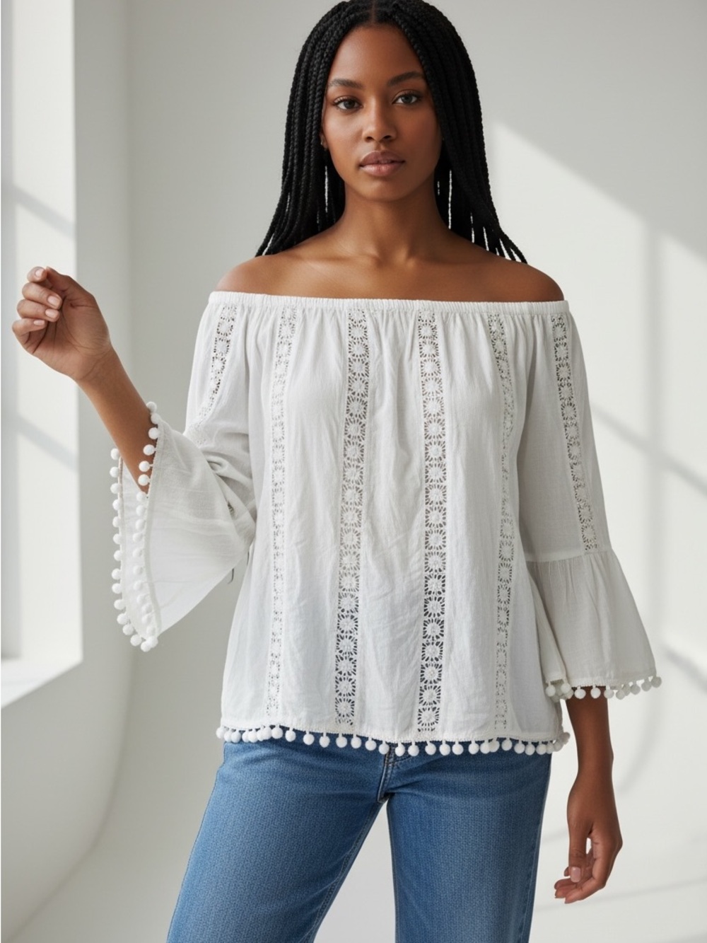 Off-Shoulder White cotton Lace & pom-pom Peasant Top